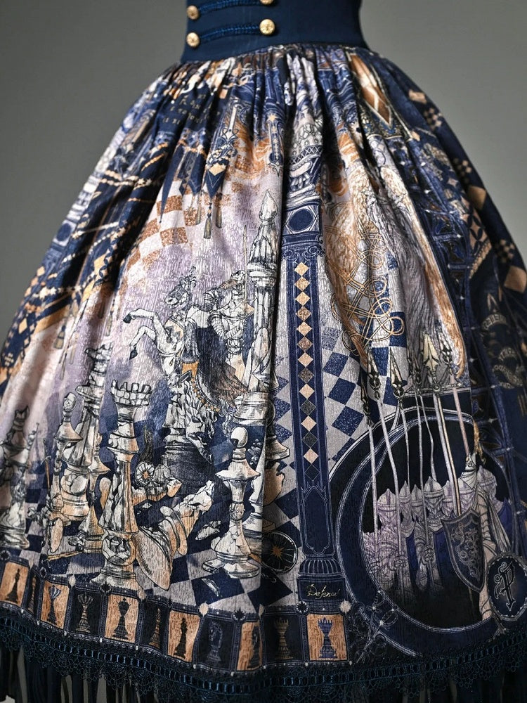 Chess Theme Blue Belt Waist Skirt Corset Print Dark Lolita