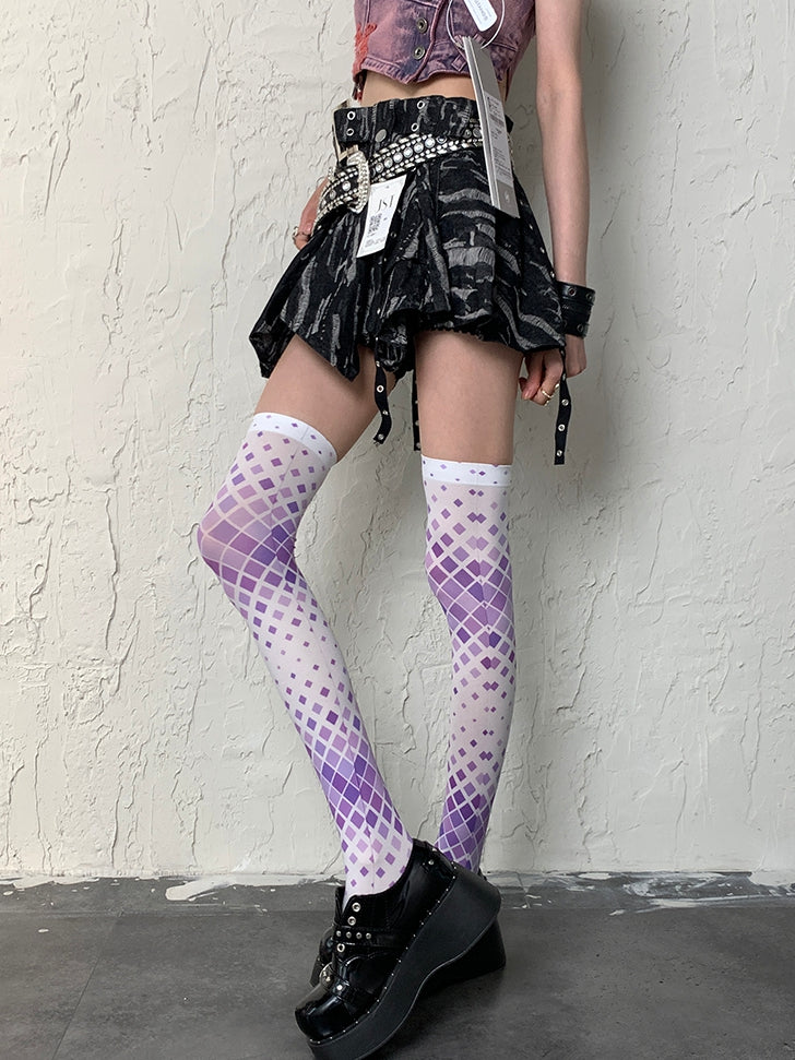 Overknee Stockings WhitePurple Y2K Pattern Diamond