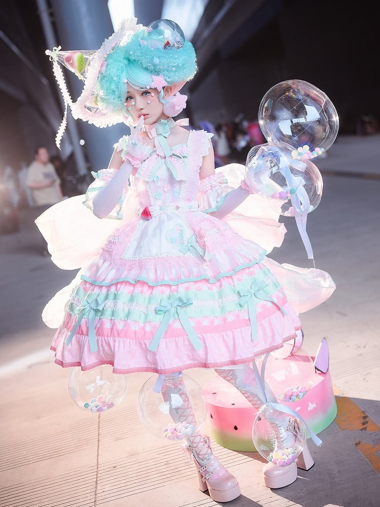 Lolita Dress Cake Sweet Bow and Accents Skirt Tiered Watermelon Pink Green