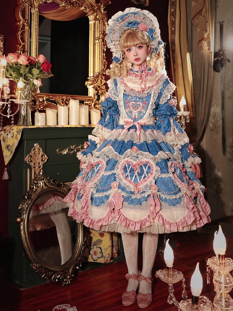 Blue Hanayome Rosette Embroidery Floral and Bead Chain Details Lolita OP Full Set