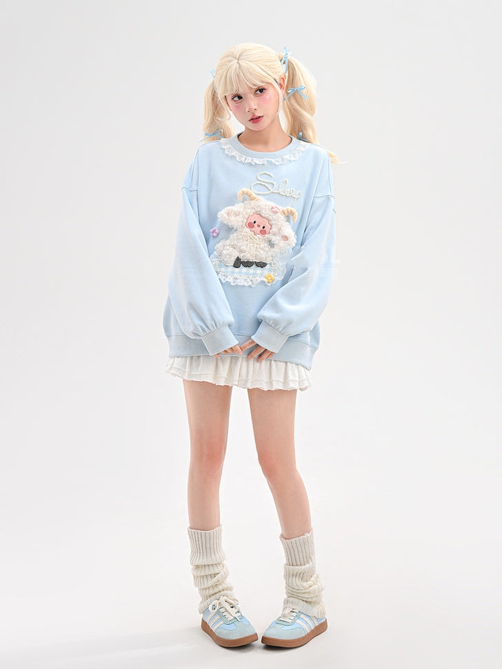 Yume Kawaii Blue Plush Lamb Knitted Floral Sweatshirt