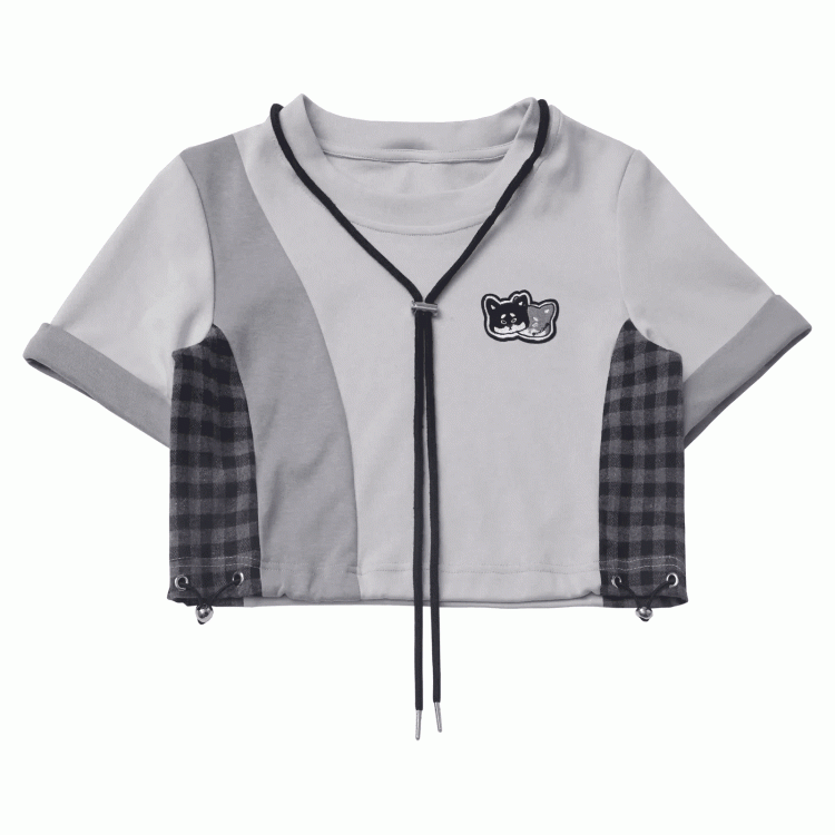 Patchwork-Design Kariertes Techwear-Kurz-T-Shirt Graues Colorblock-Design