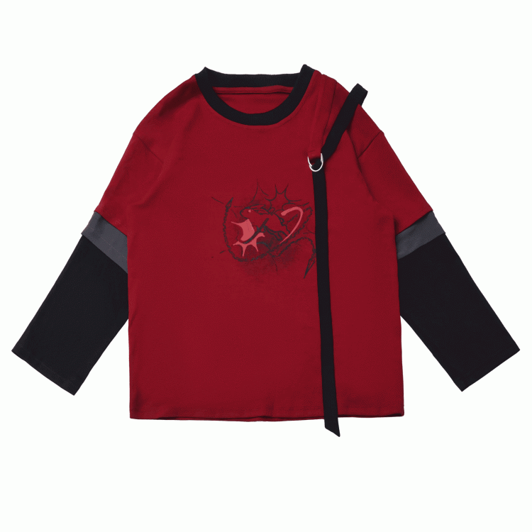 Graphic Top with Detachable Sleeves Style Black Cheongsam Red and