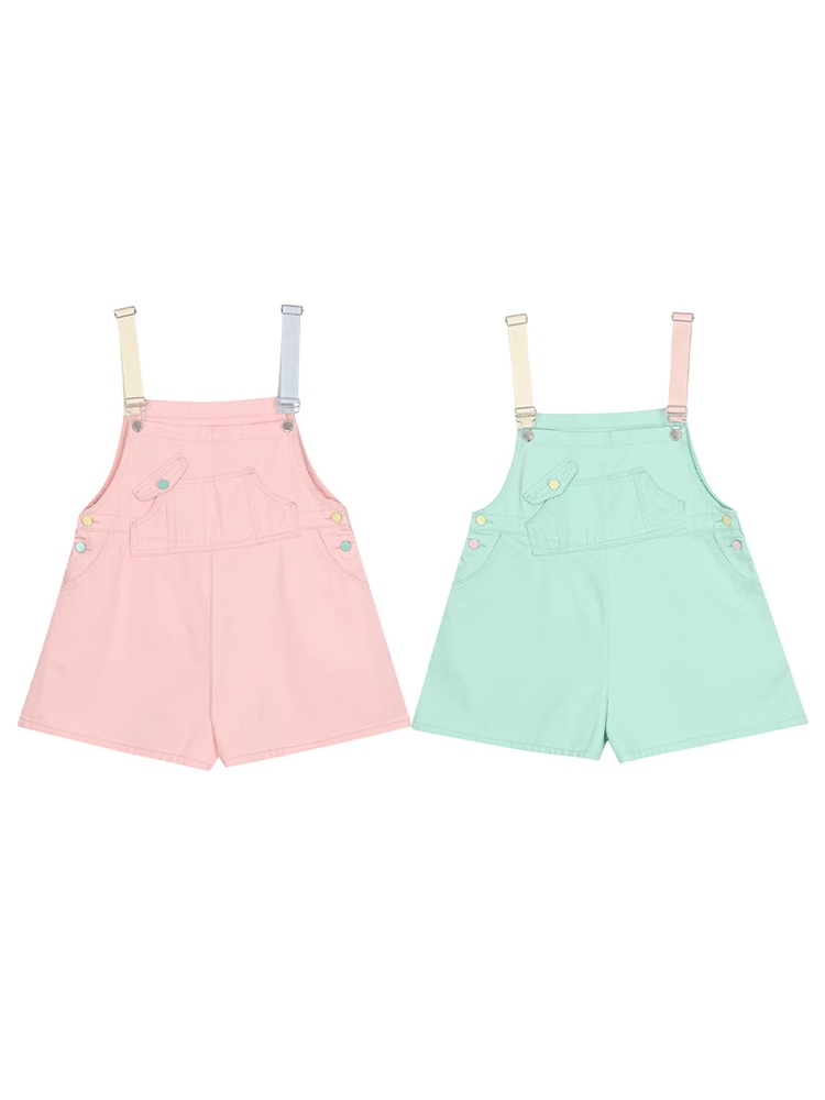 Denim Overall Shorts Green Candy Color Pink/Mint