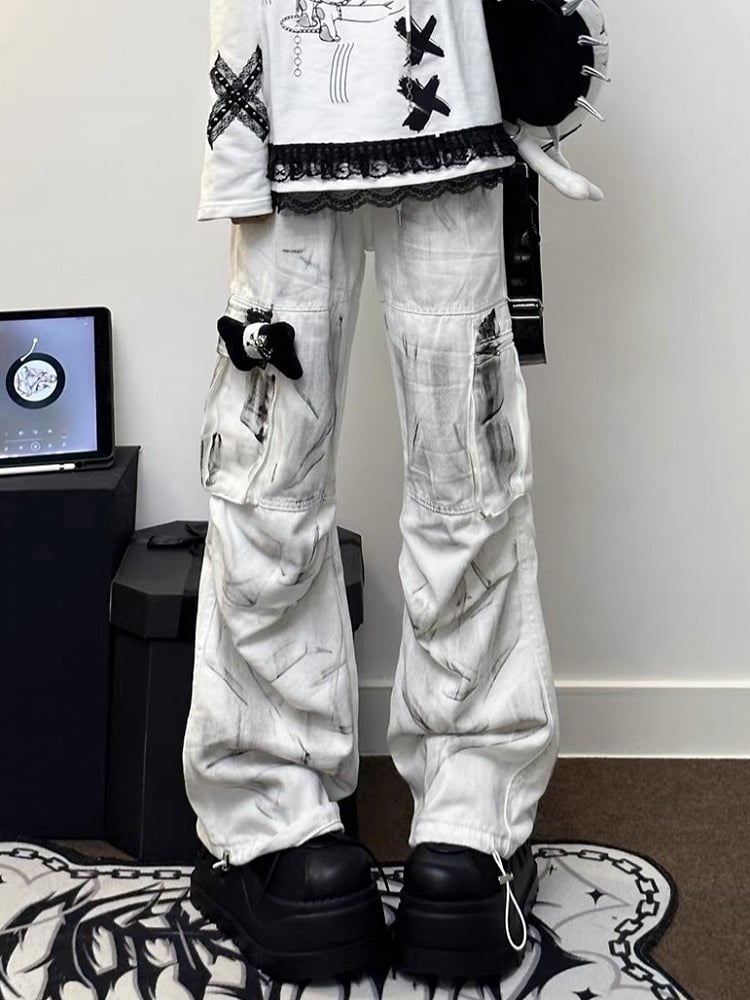 Vintage White Splatter Tie-Dye Loose Fit Cargo Jeans with Drawstring Waist