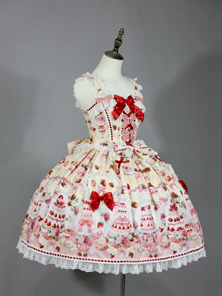 Bow Yellow and Desserts Accents Set Print Strawberry / Full Lolita Sweet JSK