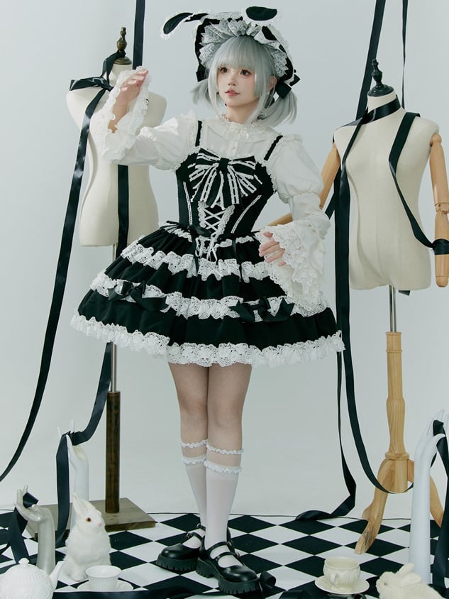 Black and White Bunny Ears Lace Accents Bonnet