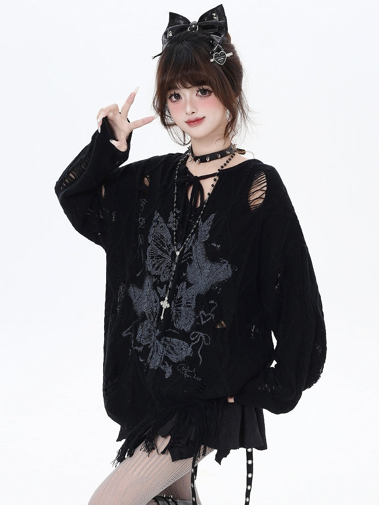 Apricot/Black Butterfly Pattern Distressed Holes V-neck Loose Knit Top