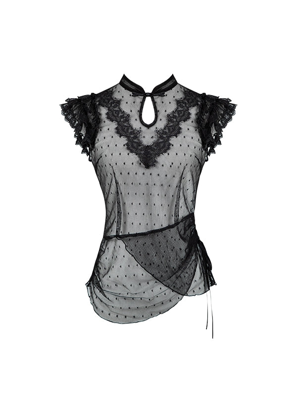 Sleeves Tulle Black Top Dotted Flutter Collar Qipao Sheer