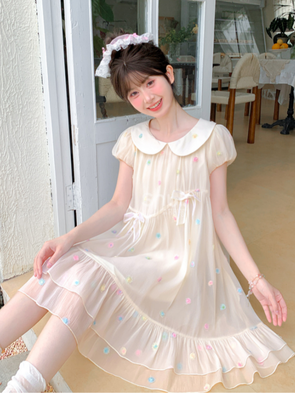 Pattern Colorful Polka-dot White Peter Pan Collar Puff Sleeves Chiffon Dress