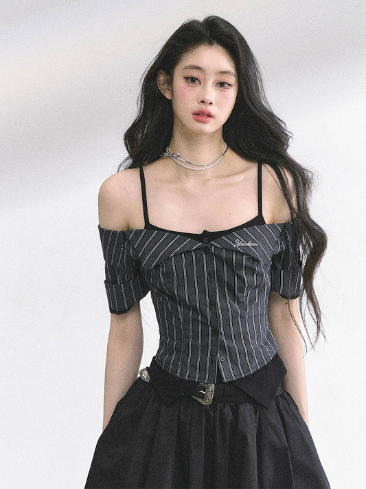 ツーピース オフショルダー ネックライン ブラック&グレー ストライプ トップス フェイク