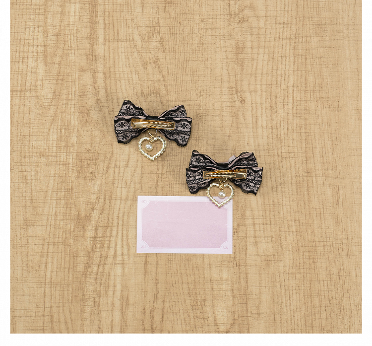 5 Colors Beaded Heart Charm Jirai Kei Lace Bow Hairclips