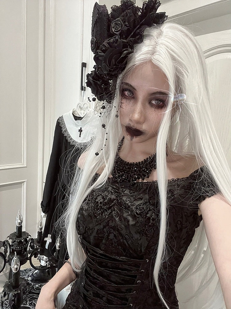 Floral Black Coffin Lolita Gothic Headpiece and Embellished Cross