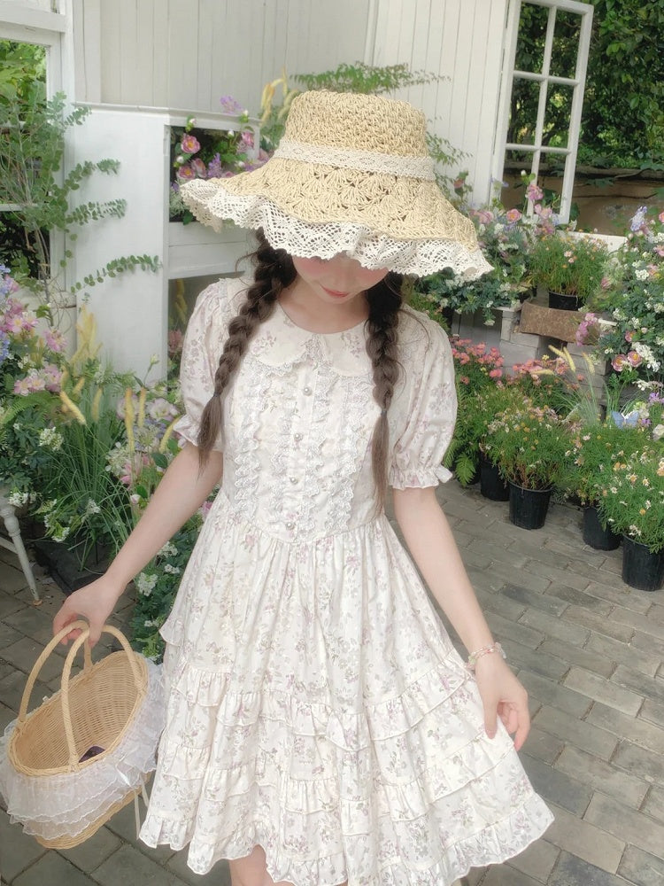 Bow Floral Dress White Peter Pan Collar Self-tie Waist Sweet