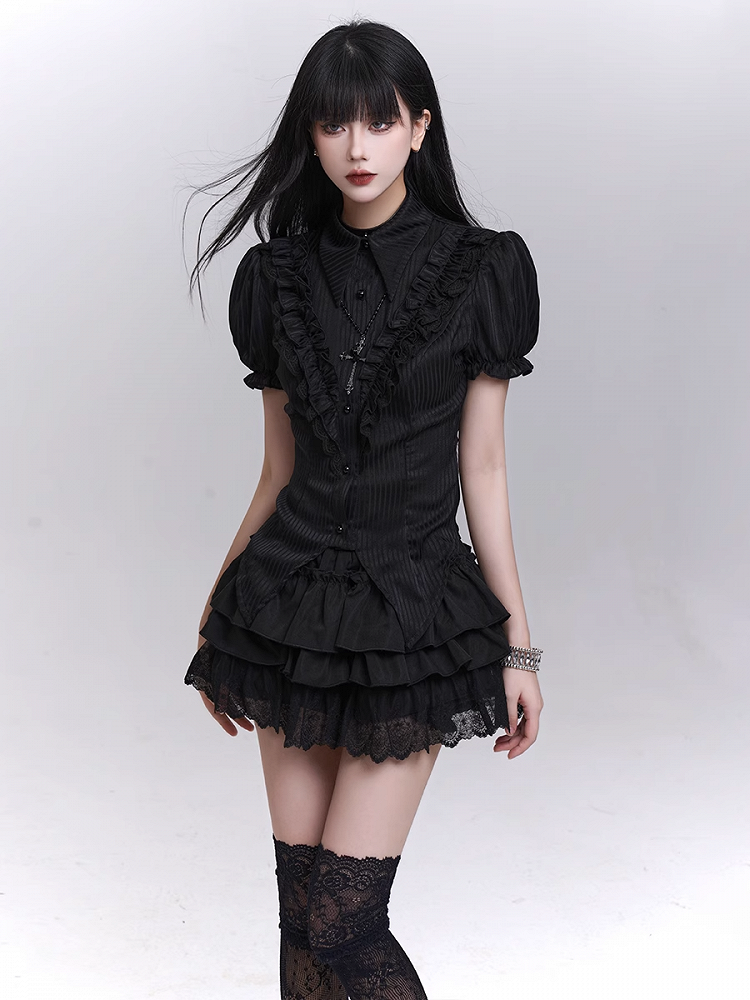Bloomers Black Elastic Waist Lace Trim Mini Tiered Skirt Lining