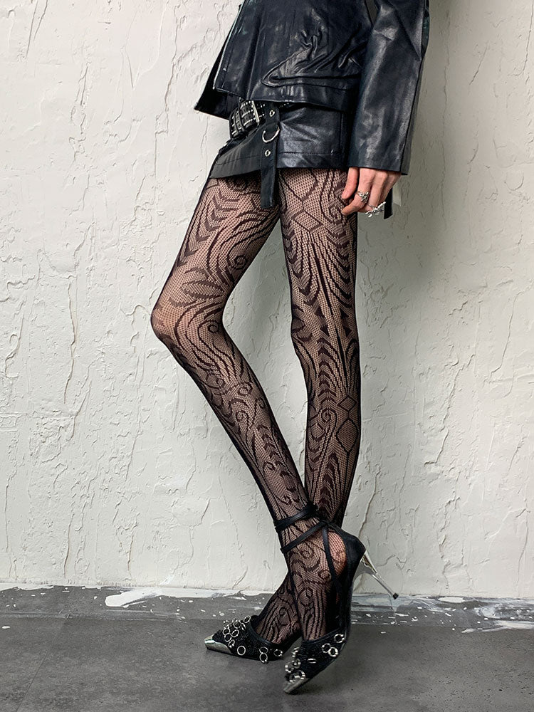 Dunkelgotische schwarze Y2K-Strumpfhose mit unregelmäßigem Design und Hohlsaum
