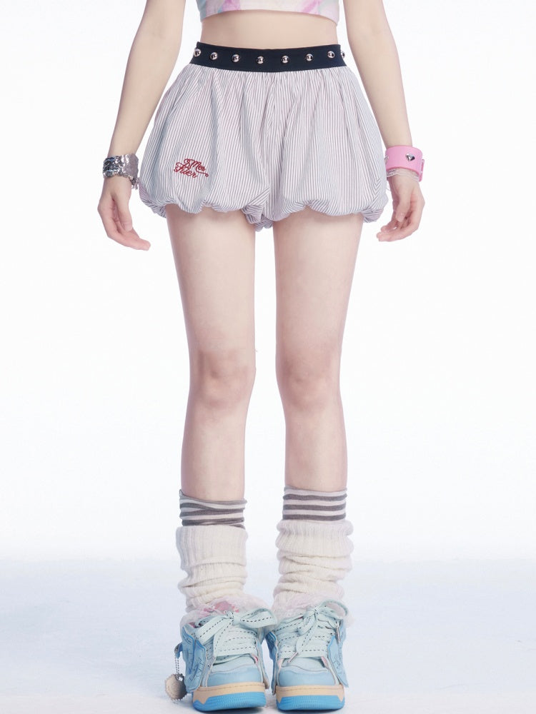 Embroidery Mini Bubble Skirt Pattern White Striped Letter