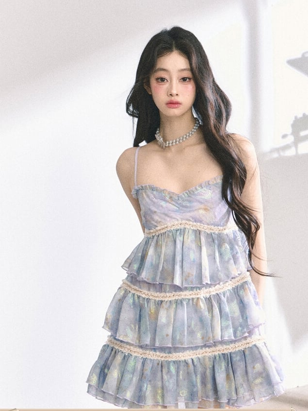 Slip Kleid Tiered Ausschnitt Rock Blau Sweetheart Ölgemälde Floral Mini