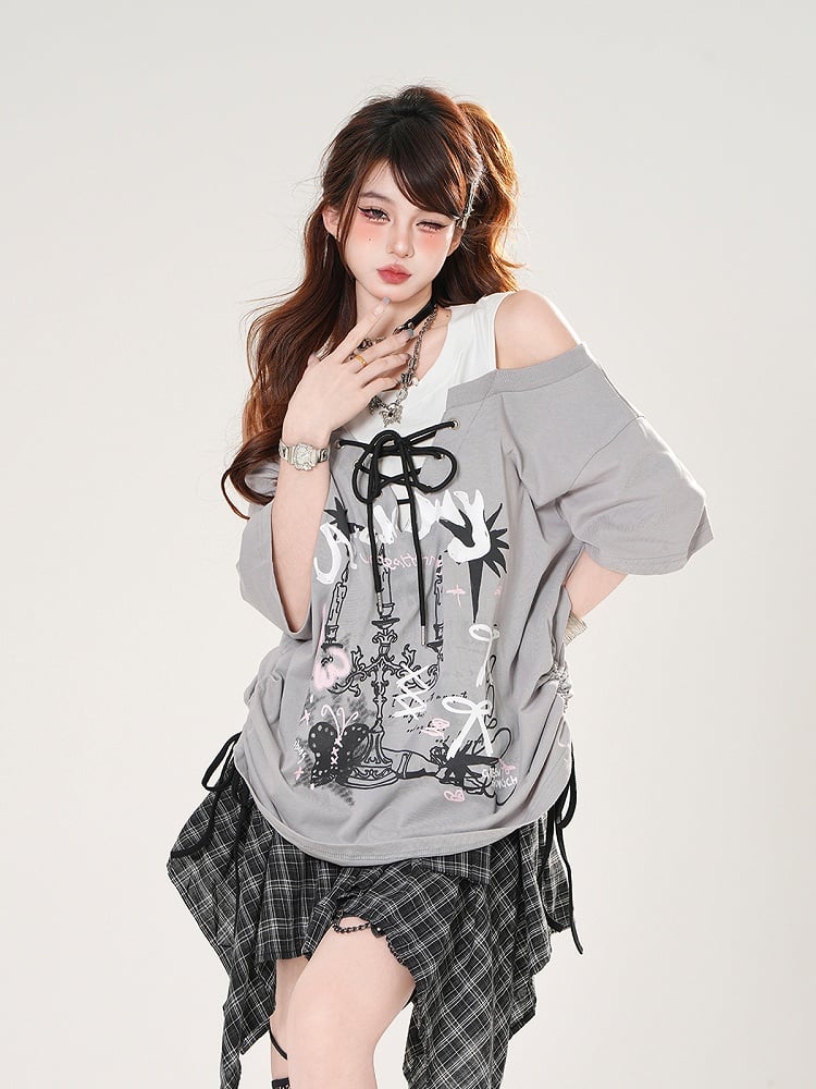 Lace-up Front Candlestick Print Black/Gray T-shirt