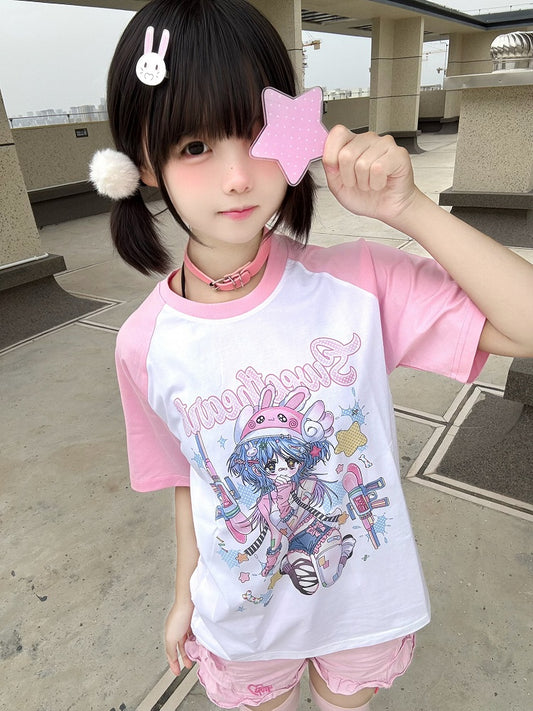 Anime Girl Print T-Shirt Star with Choker Pink and White Colorblock Design Free