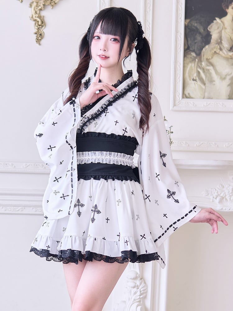 Belt and Back Big Black Hem Black/White with Corset Bow Ruffle