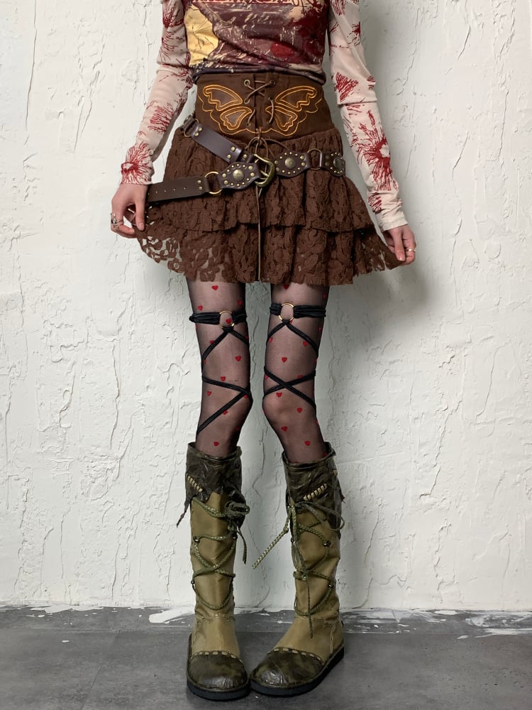 Red Black Heart Pattern Y2K Tights