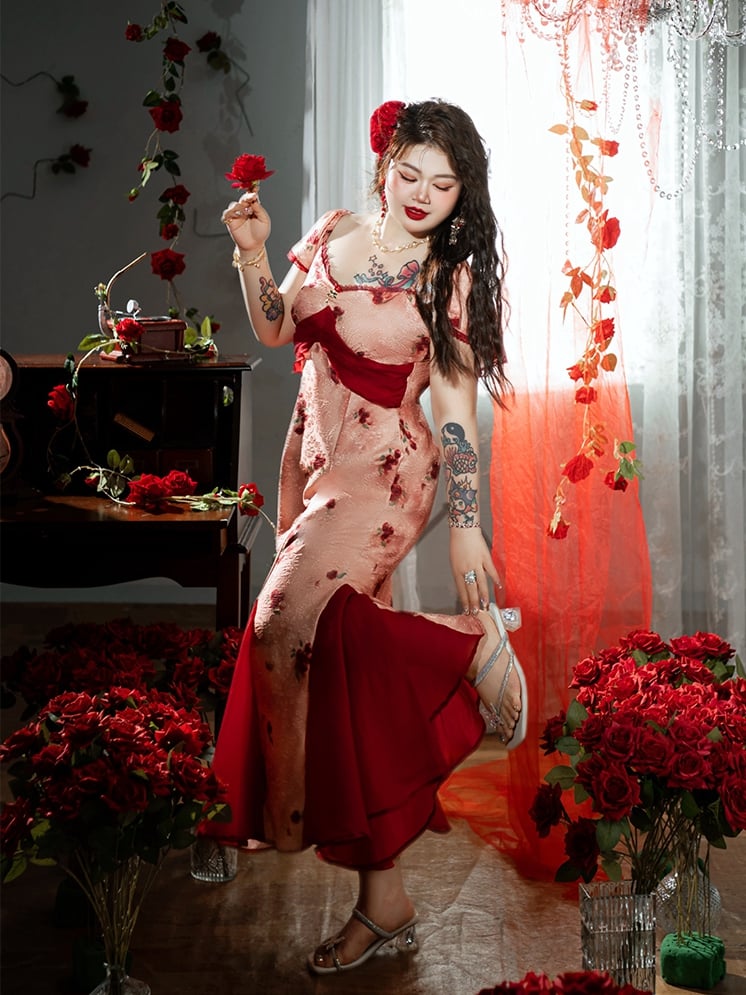 Hem Skirt Plus Size Mesh Red Rosette Print Dress Patchwork Mermaid