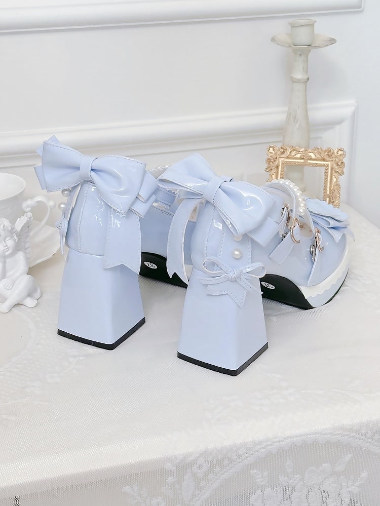 High Style Lolita Details in with Sweet Blue Platform Heels Design Block Bow Crisscross