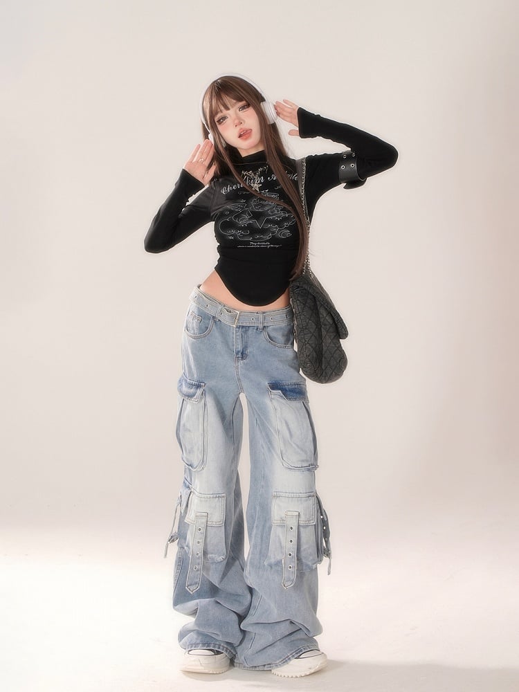 Gradient Blue Wide-Leg Cargo Jeans with Strap Detailing