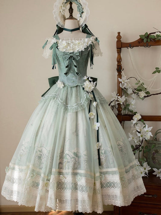 Decoration Set Jasmine Print Top Green Skirt Lolita Corset Classic Long Floral +
