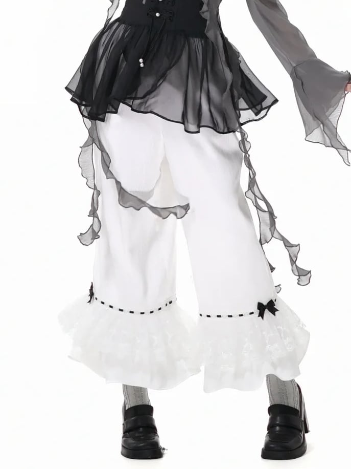 White Elastic Waist Bowknot Tiered Ruffled Cuffs Casual Pants Details