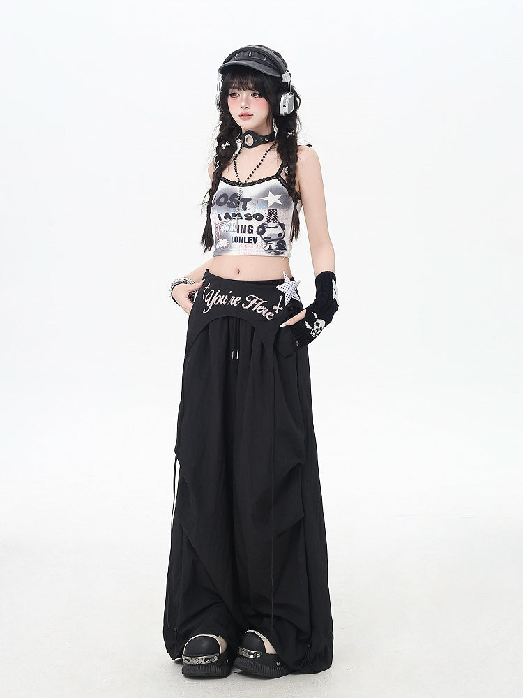 Black Punk Pants Accessory Waist Asymmetrical with Drawstring Waist Wasteland