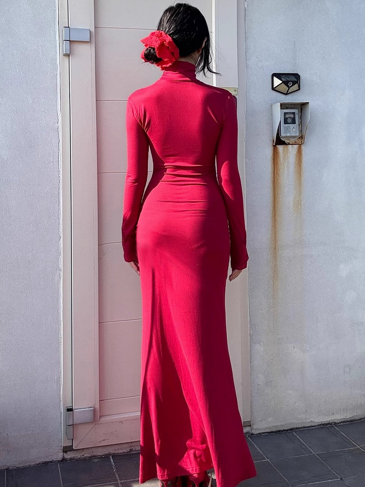 Gothic Red Coffin Cutout Cross Details High Neck Mermaid Skirt Maxi Dress