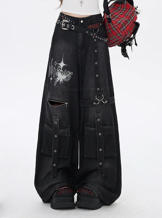 Jeans Schwarz Schmetterling Weites Bein Cargo Print Riemendetails Vintage