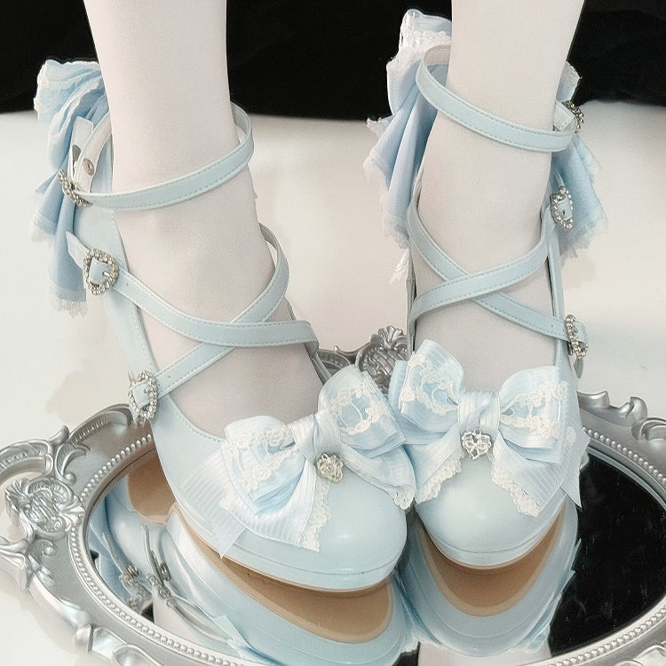 High Buckle Blue Design Heels Heart Crisscross Top Light at Bow