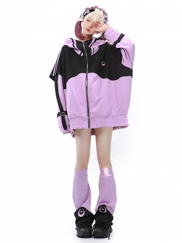 Purple Front Up and Long Sweatershirt Sleeves Jirai Zip Jacket Black Kei