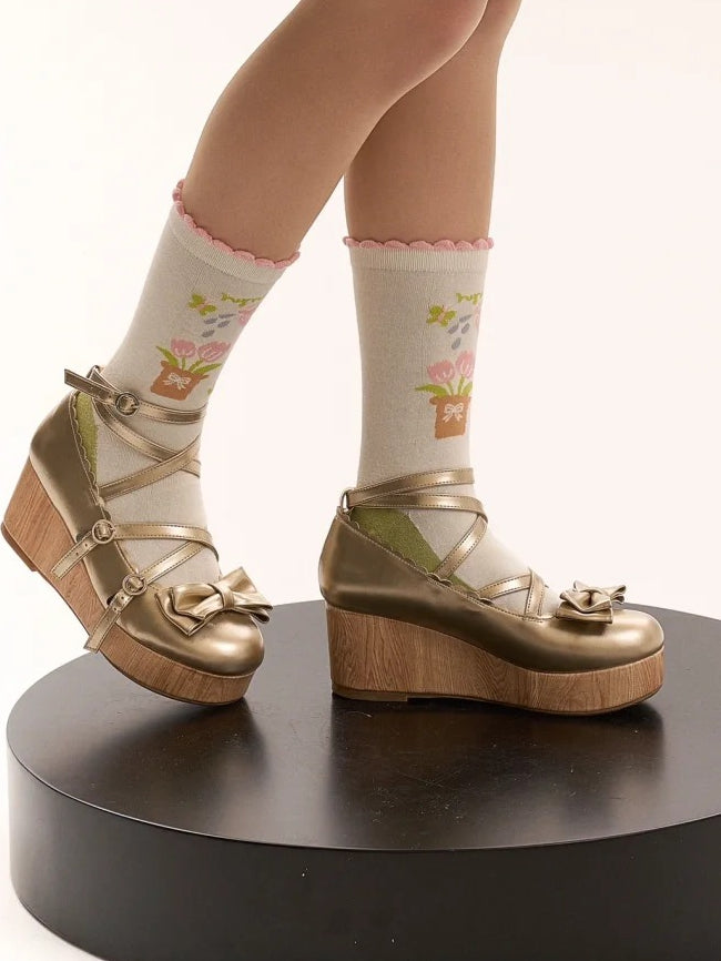 Design PU-Schuhe mit süßer Schleife Lolita Crisscross Golden Accent Plateau Keil