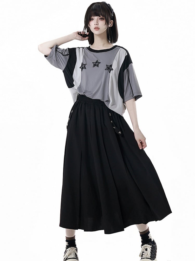 Neck Design Round Sports T-shirt Colorblock Star Appliques Plaid Black/Gray