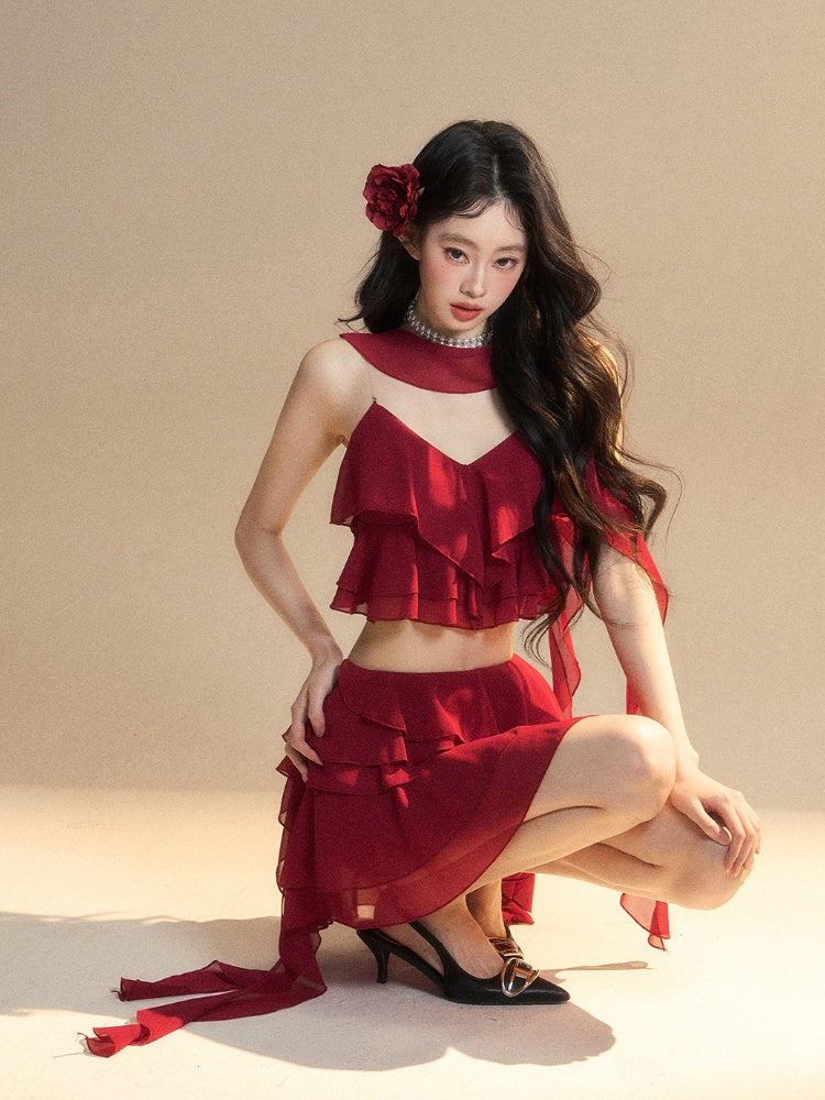 Asymmetrical Ruffled Hem Slim-fitting Mini Tiered Skirt Red Chiffon