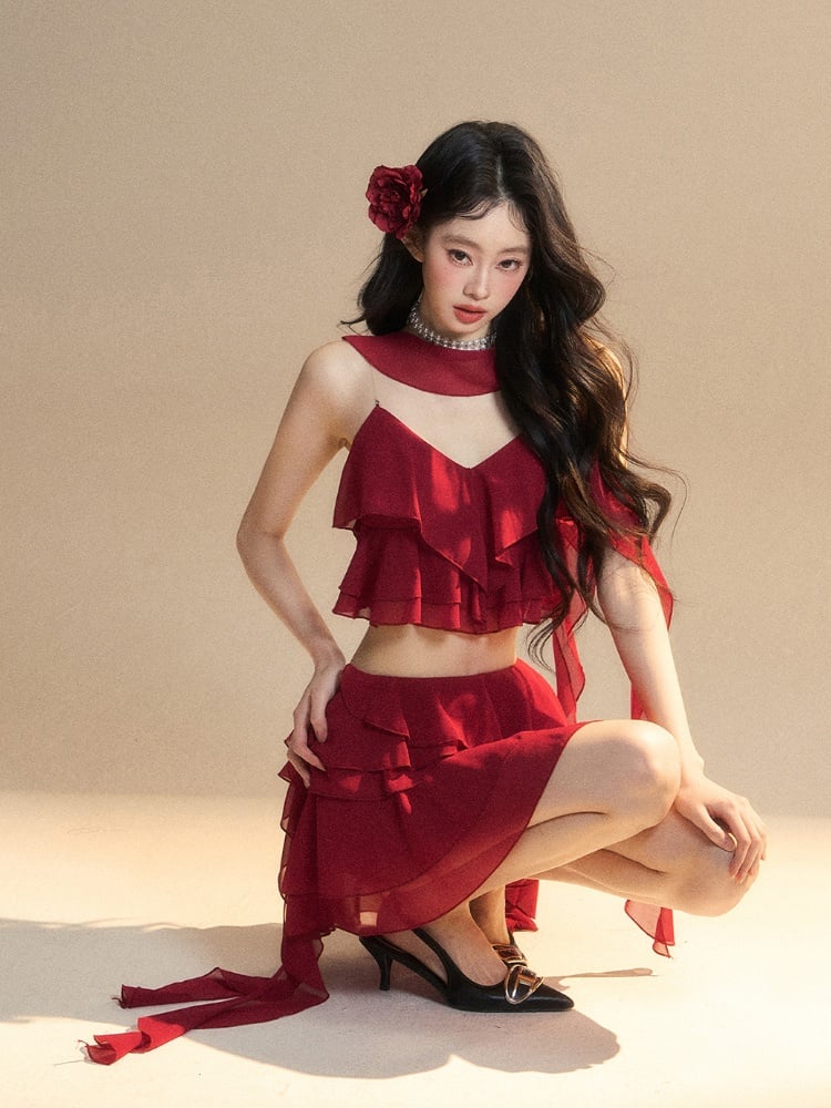 Scarf Red Chiffon V-Neck with Tiered Free Ruffles Cropped Cami Top