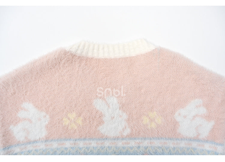 Rosa weicher Pullover mit süßem Häschenmuster und Rundhalsausschnitt