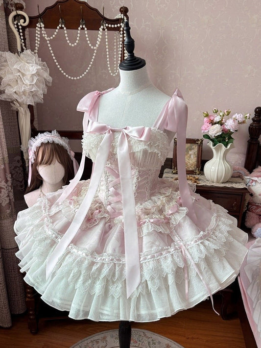 Balletcore Lolita Waist Boned Princess Basque Pink Jumper Skirt