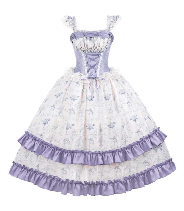 Print Floral Lolita Bodice Dress Skirt Jumper Classic Iris Corset Boned Purple