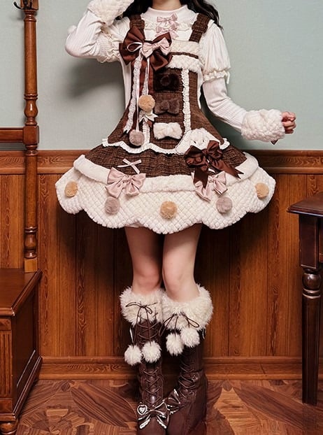 Dress and with Scalloped Brown White Sweet Trim Lolita Overalls Pom-poms Bowknots Edge