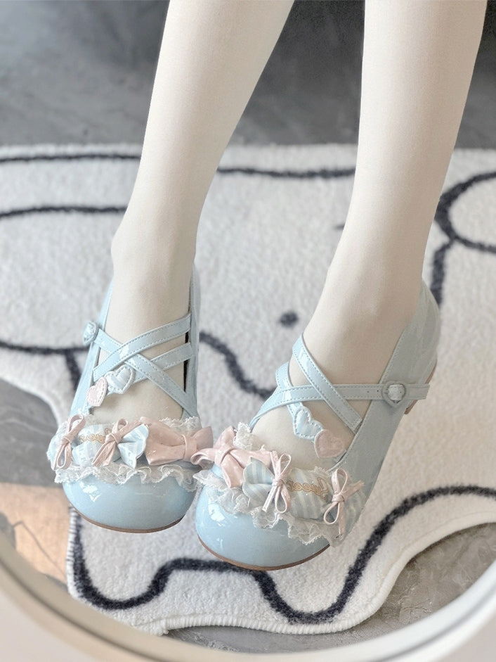 Toe Candy Runde Schuhe Low Mary Bows Jane Lolita Sweet Blue Heel - mit