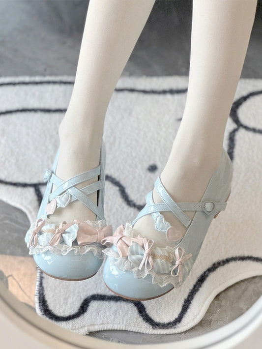 Toe Candy Runde Schuhe Low Mary Bows Jane Lolita Sweet Blue Heel - mit