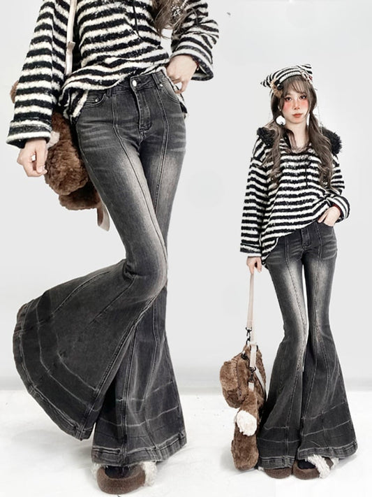 Grey Low Waist Flare Silhouette Jeans