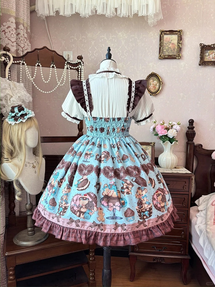 Lolita Dress Sleeves Vintage Teddy Bear Print Sweet Flutter Mint Green JSK