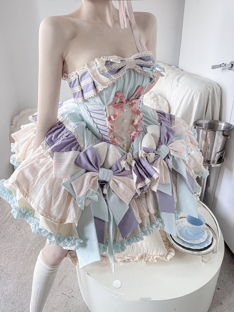 Purple Bowknots Skirt Big Lace-up Basque Waist Tiered Ruffle Sweet Lolita Dress and with Blue on
