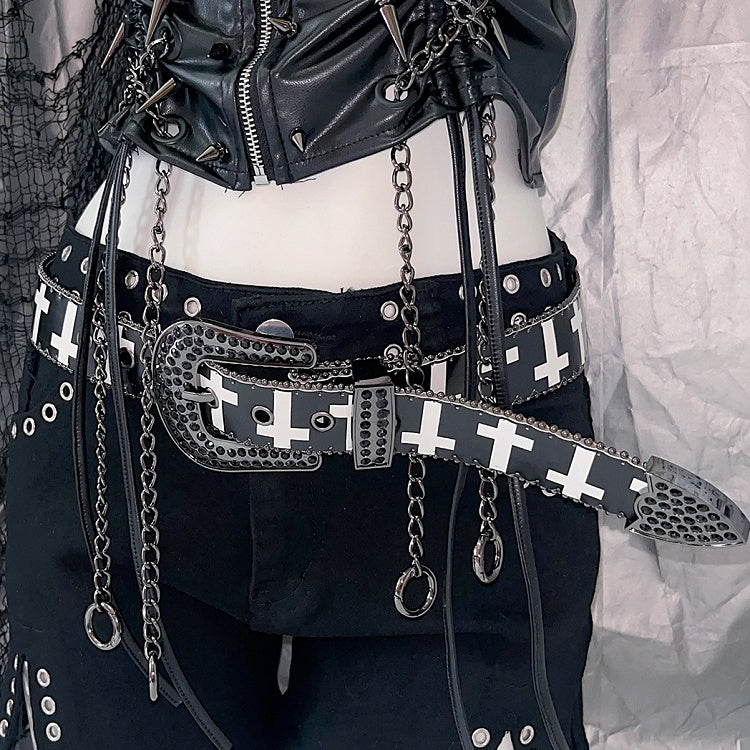 Strass verziertes Perlen- und Punk-Kreuz in Weiß/Schwarz